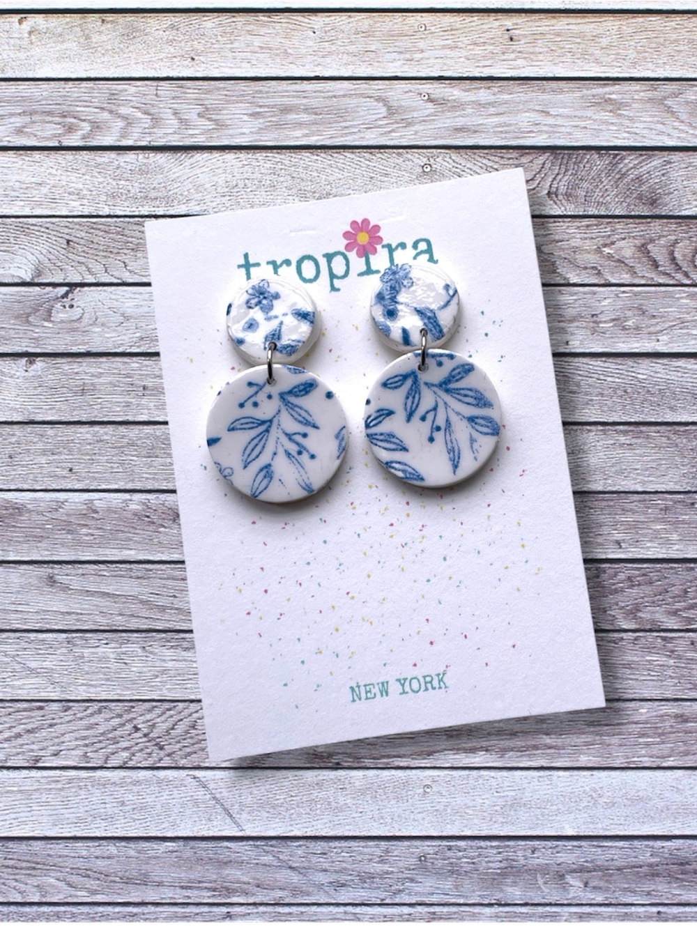 Blue & White Floral Round Dangling Earrings